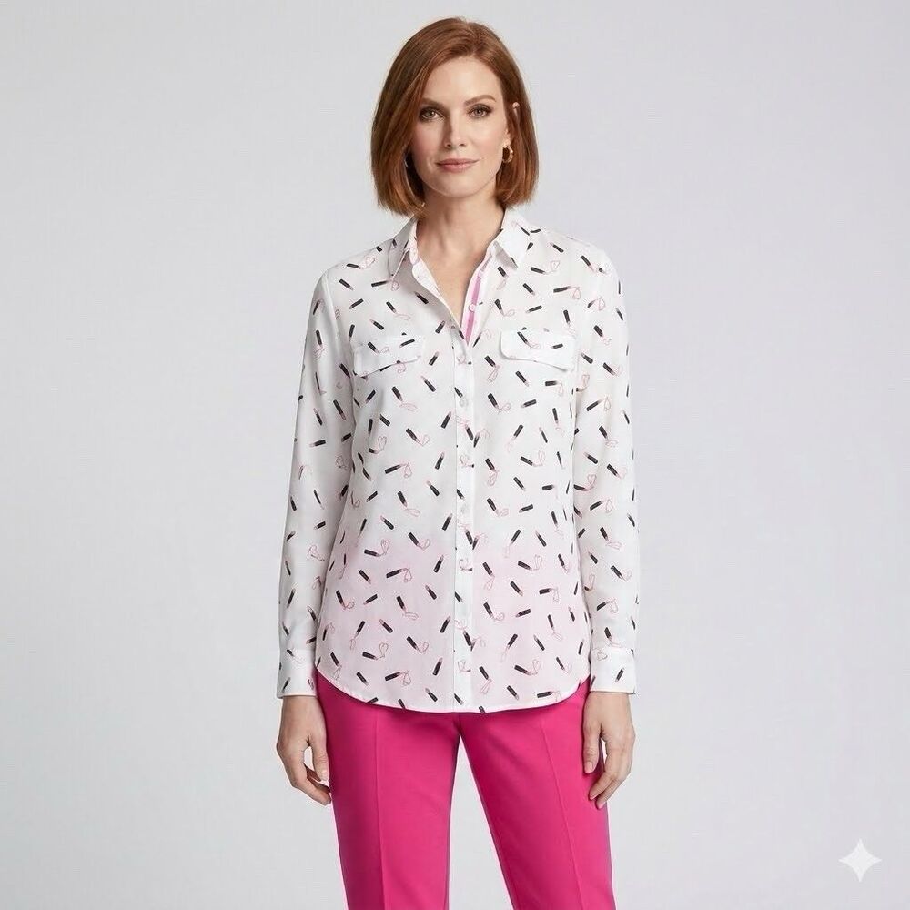 Chico's Easy Shirt Lipstick Love Woven Pattern Women’s Blouse Size 2 ( 12/14)